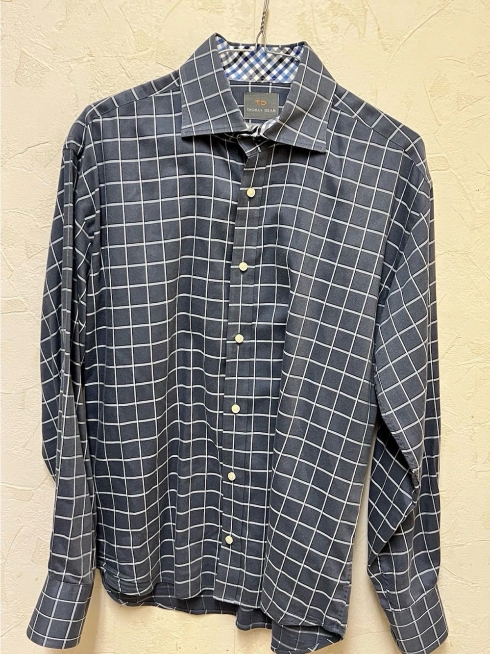Thomas Dean & Co. long-staple plaid sport shirt in a blue-grey Sz L